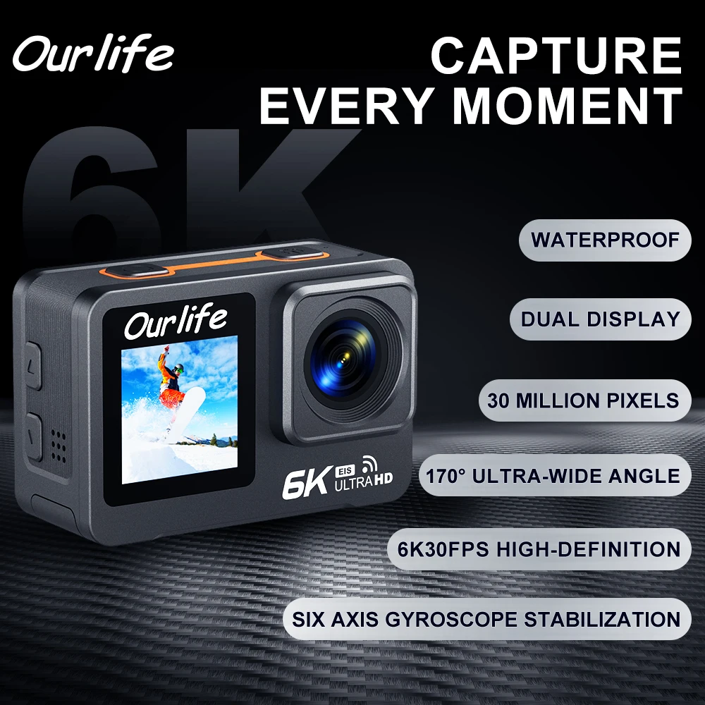 Ourlife MTR82 Action Camera 6K30fps 2 inches Touch Screen EIS 30M Waterproof 5X Zoom WIFI Camera With Remote Control Action Cam