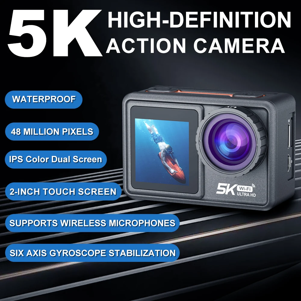 Action Camera 5K 30FPS 4K 60FPS 48MP EIS Video With 2" IPS Dual Screen Optional Filter Lens 1080P Webcam Vlog WiFi Sports Cam