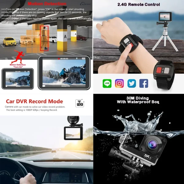 Action Camera F6W Wireless Mic 5K 4K60FPS 48MP 2.2" Touch LCD EIS Dual Screen Wi-Fi 170D Waterproof 30M 8X Zoom Sports Camera - Image 5