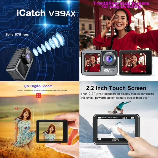 Action Camera F6W Wireless Mic 5K 4K60FPS 48MP 2.2" Touch LCD EIS Dual Screen Wi-Fi 170D Waterproof 30M 8X Zoom Sports Camera - Image 4