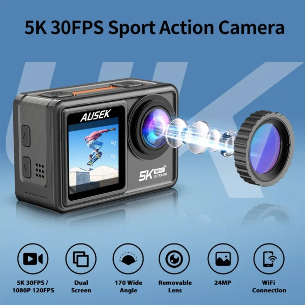 Ourlife Action Camera 5K30FPS 48MP EIS 2" IPS Dual Screen Optional 6 Filter Wireless Microphone WiFi Anti-shake Sport Cameras