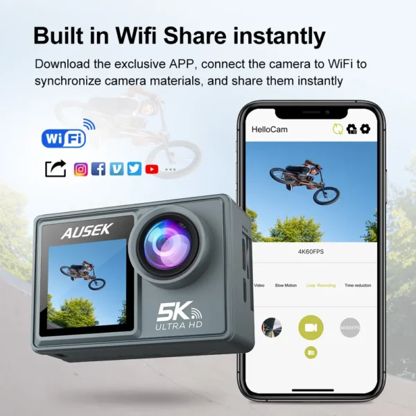 5K Action Camera 4K60FPS Dual IPS Touch LCD WiFi 170° 30M Waterproof 5X Zoom Anti-shake Sports Camera With Remote Control - Image 3