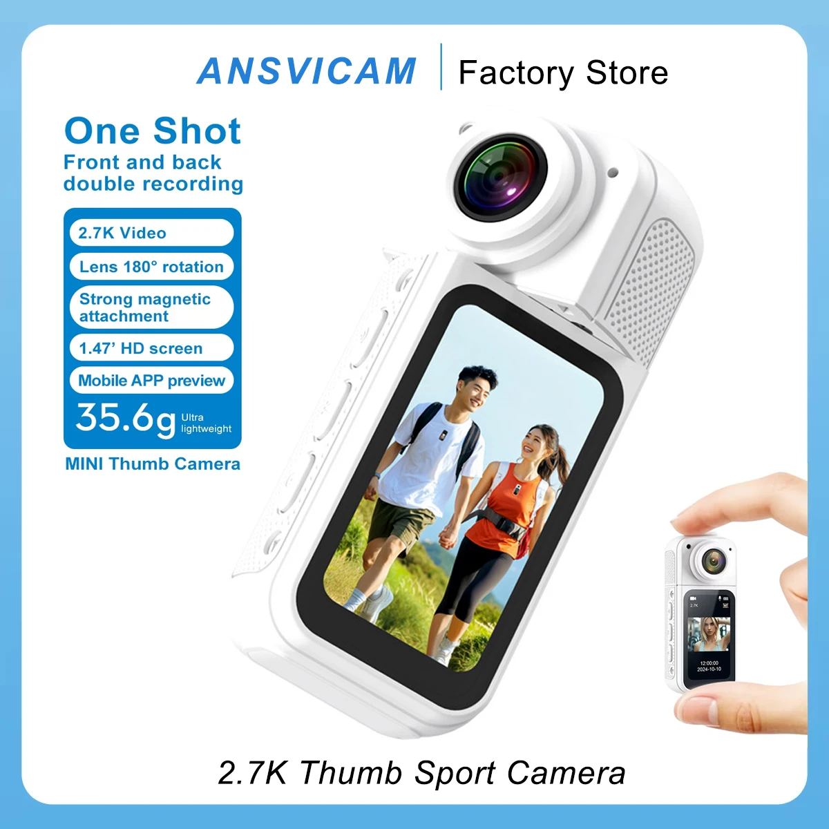 ANSVICAM Thumb Sport Camera 2.7K HD 180° Rotate WIFI Sport DV Cycling Recorder Magnetic Attraction Outdoor 1.47'' Action Camera