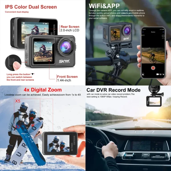 Action Camera 5K 30FPS 4K 60FPS 48MP EIS Video With 2" IPS Dual Screen Optional Filter Lens 1080P Webcam Vlog WiFi Sports Cam - Image 3